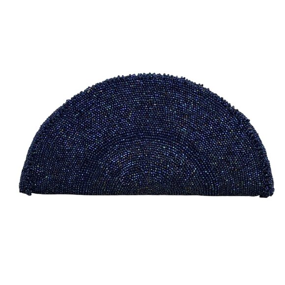 Handcrafted Beaded Navy Blue Half-Moon Clutch Purse With Zipper Closure Size M - Picture 3 of 8